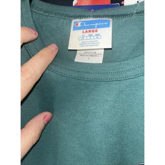 Champion Mens Shirt L Green Big‎ Logo Floss Stich Short Sleeve Embroidered - Picture 3 of 6